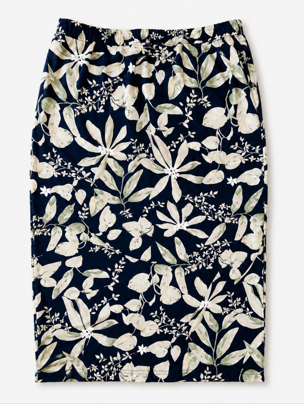 Briggs New York Navy Floral Pencil Skirt with Cream and Green Leaves